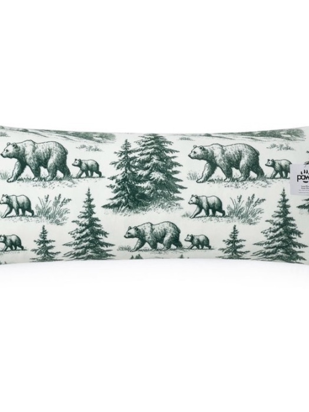 PAWZ White Lumbar Pillow with Green Bear and Pine Tree Print